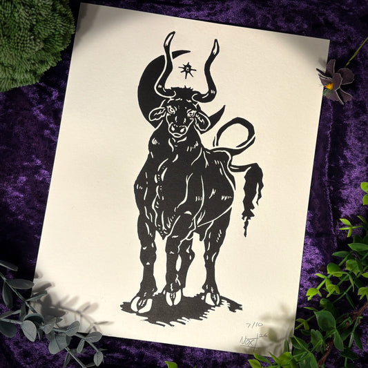 A black and white print of taurus, the celestial bull.